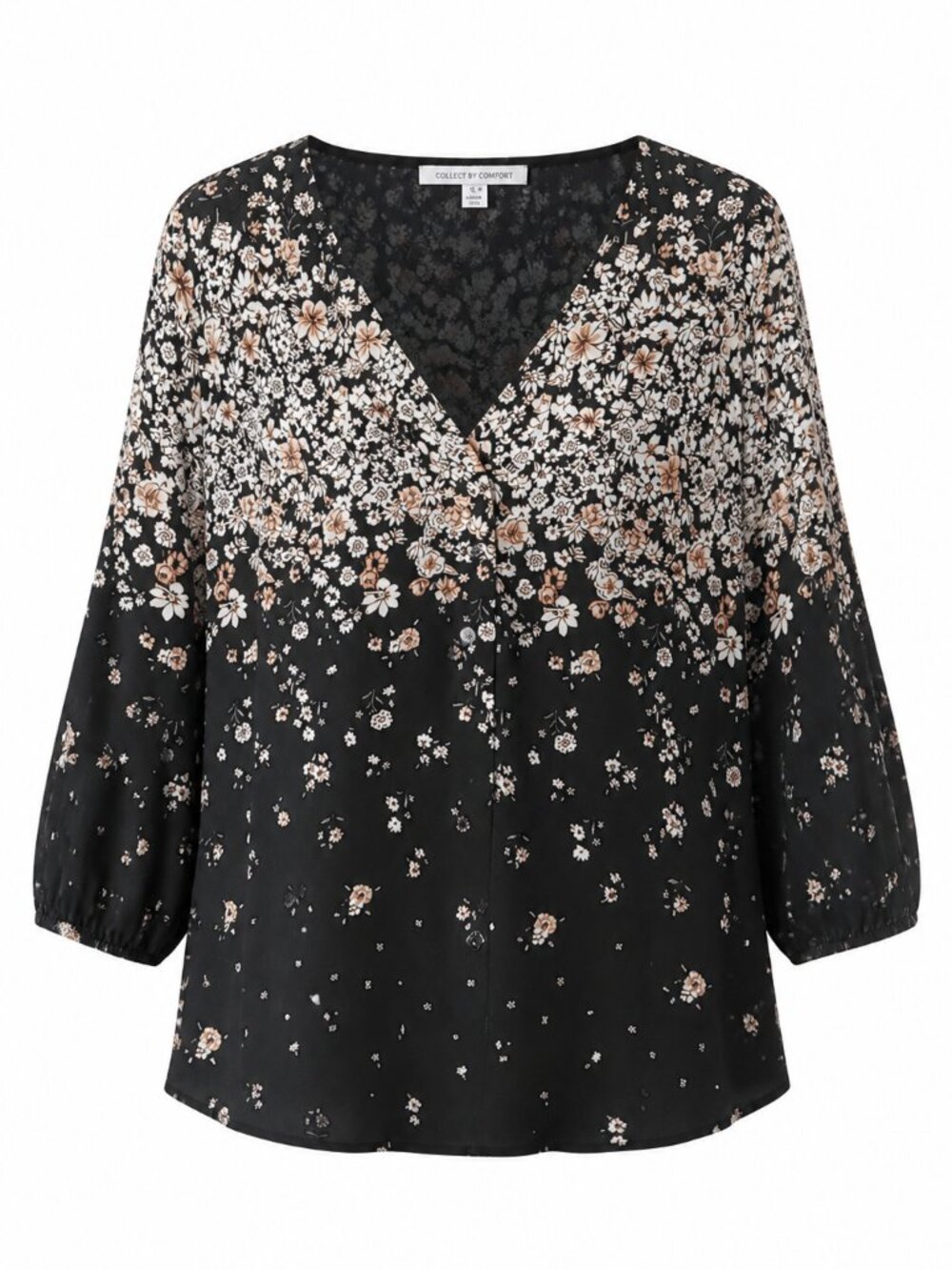 Collective Concepts Popover Black Cream Floral V Neck Sheer Blouse 1X